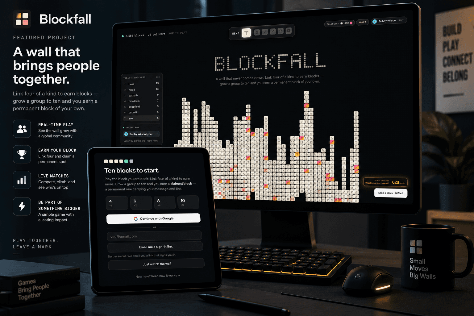 Blockfall — a shared, persistent block-wall game built by RAWR